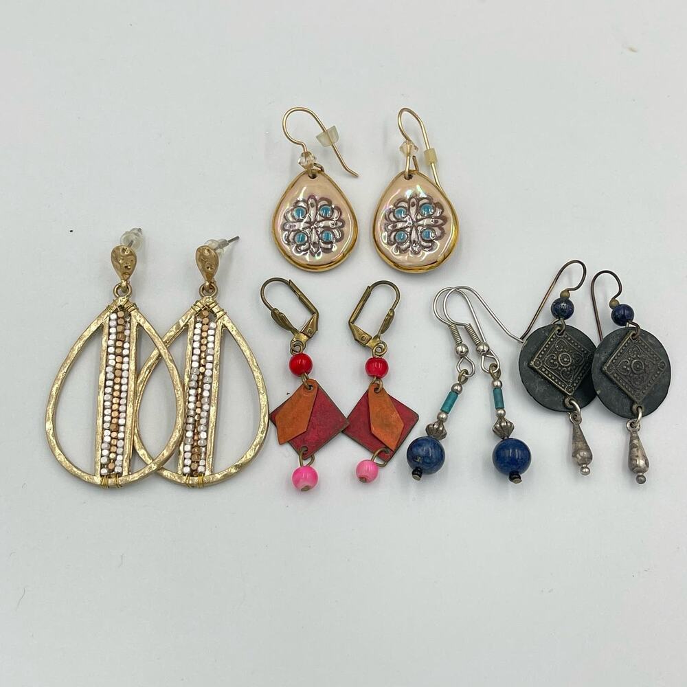 Lot (5) Vintage Boho Coastal EARRINGS PIERCED Beaded Ceramic Beachy Statement